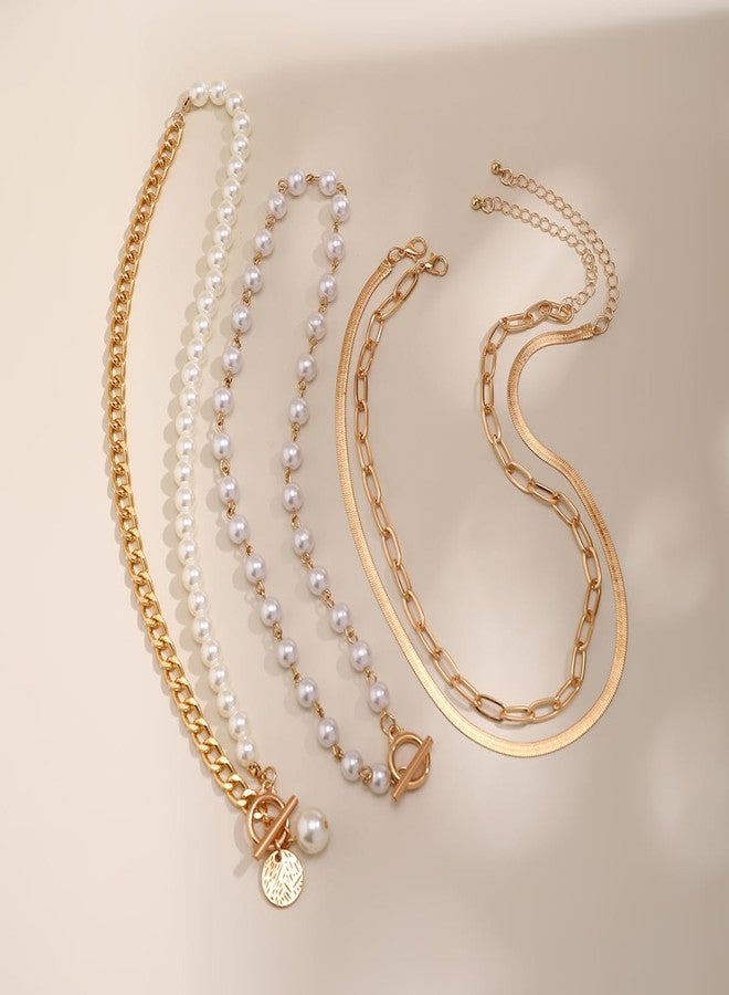 TACBSP Gold Layered Pearl Necklaces for Women Chunky Beaded Pearl Coin Choker Necklace Adjustable Layered Paperclip Chain Snake Chain Coin Pendant Necklaces Jewelry Accessories Gifts for Women - Image 5